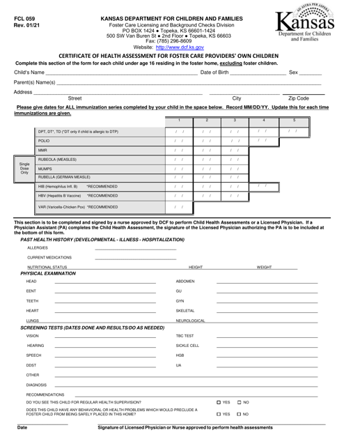Form FCL059 Certificate of Health Assessment for Foster Care Providers' Own Children - Kansas
