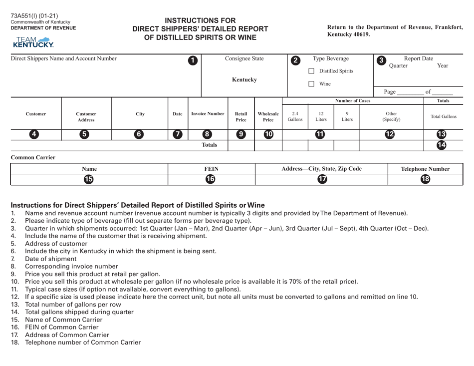 Form 73A551 Direct Shippers Detailed Report of Distilled Spirits or Wine - Kentucky, Page 2