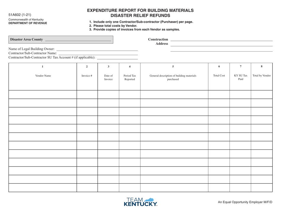 Form 51A602 Expenditure Report for Building Materials Disaster Relief Refunds - Kentucky, Page 1