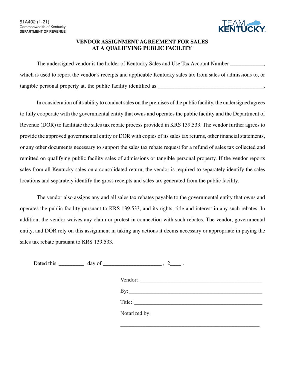 Form 51A402 Vendor Assignment Agreement for Sales at a Qualifying Public Facility - Kentucky, Page 1