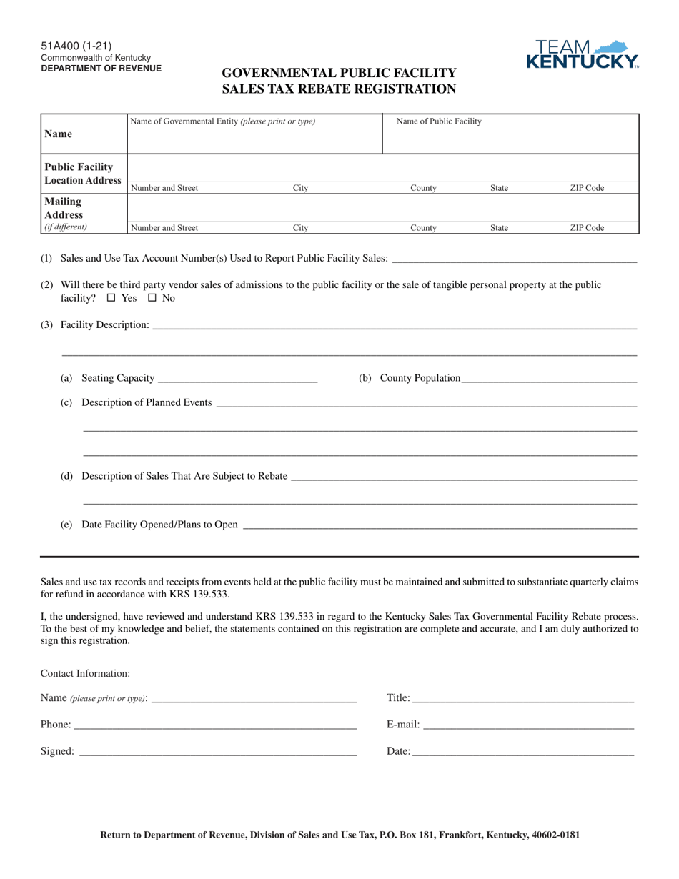 Form 51A400 Governmental Public Facility Sales Tax Rebate Registration - Kentucky, Page 1
