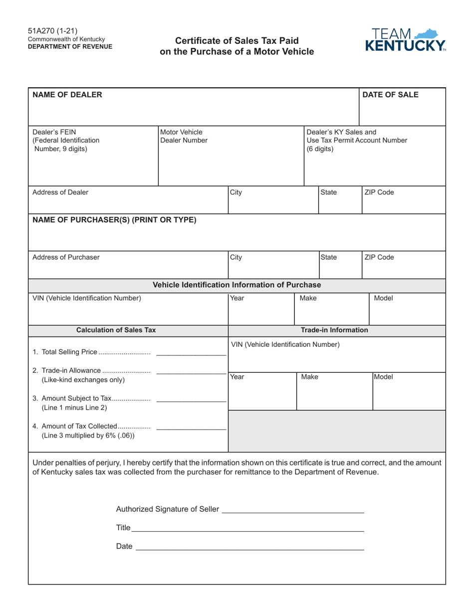 Form 51A270 Certificate of Sales Tax Paid on the Purchase of a Motor Vehicle - Kentucky, Page 1