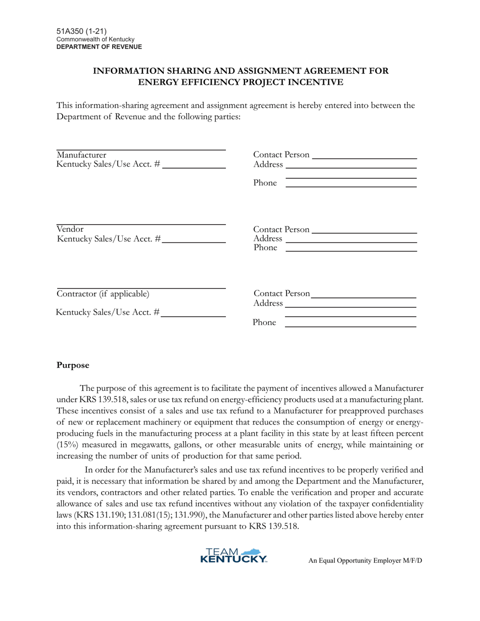 Form 51A350 Information Sharing and Assignment Agreement for Energy Efficiency Project Incentive - Kentucky, Page 1