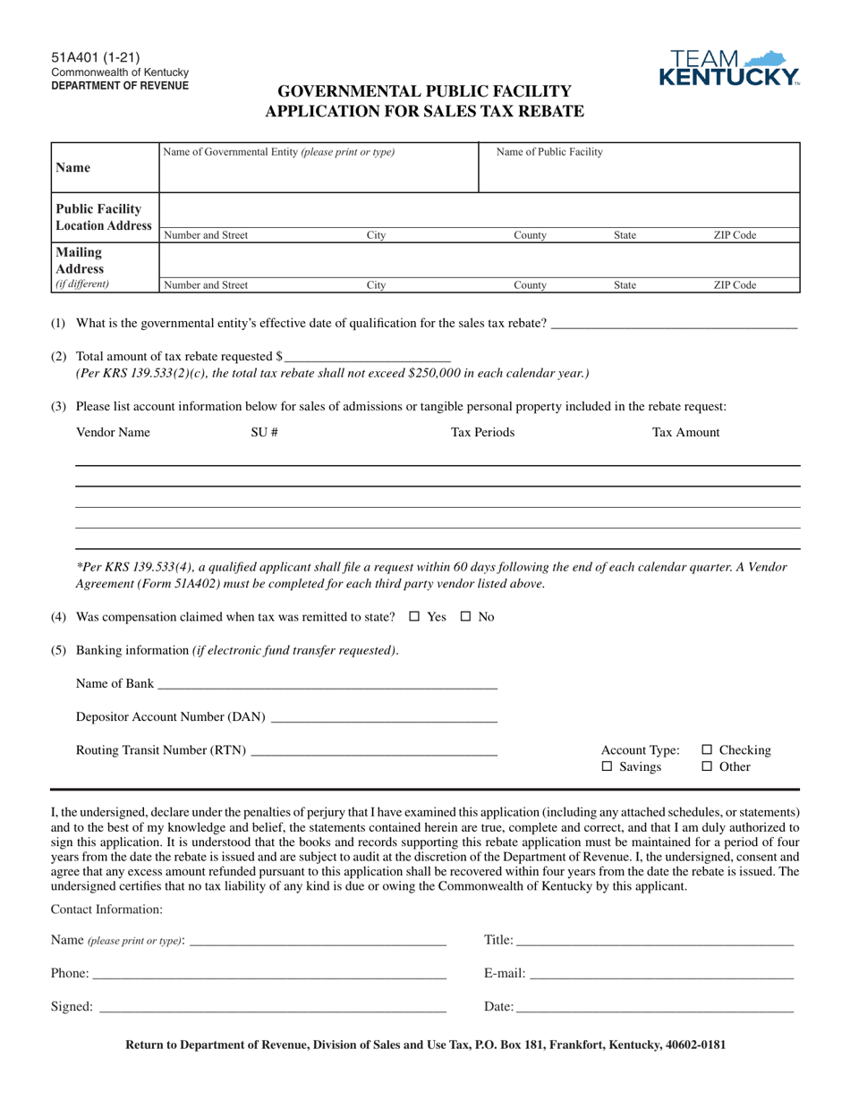 Form 51A401 Governmental Public Facility Application for Sales Tax Rebate - Kentucky, Page 1