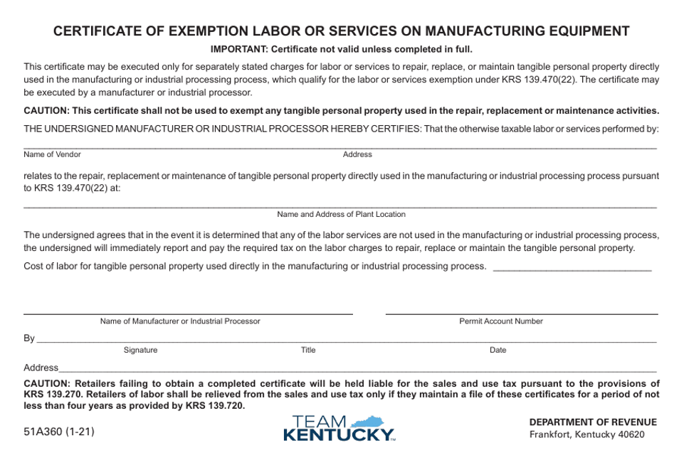 Form 51A360 Certificate of Exemption Labor or Services on Manufacturing Equipment - Kentucky