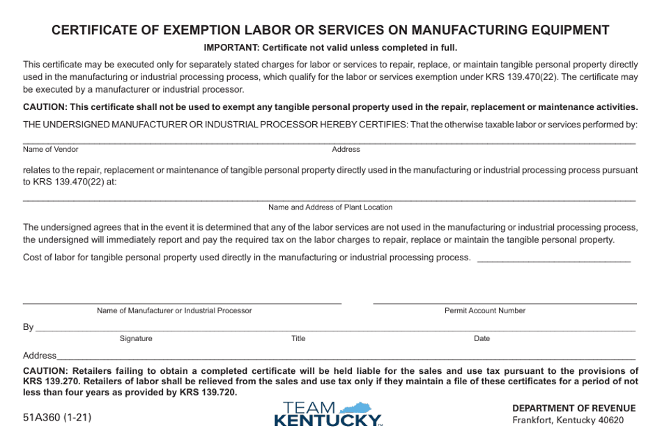 Form 51A360 Download Printable PDF or Fill Online Certificate of Exemption Labor or Services on
