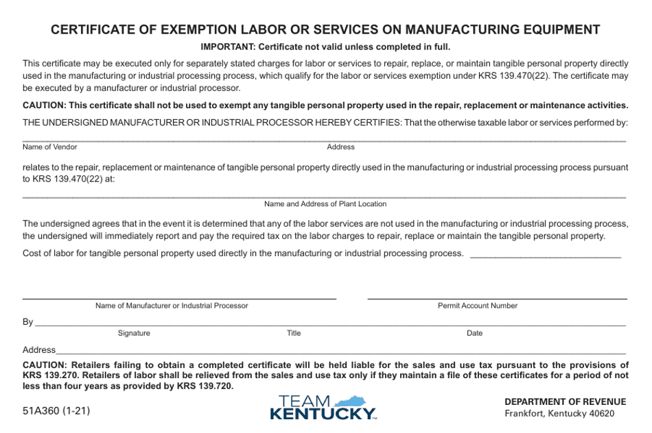 Form 51A360 Certificate of Exemption Labor or Services on Manufacturing Equipment - Kentucky, Page 1