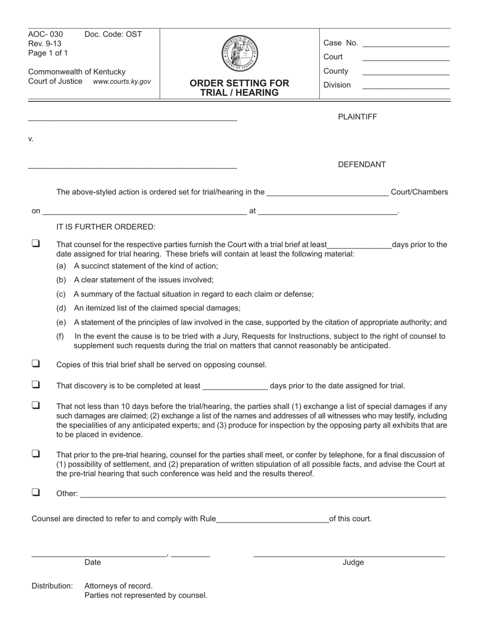 Form AOC-030 Order Setting for Trial / Hearing - Kentucky, Page 1