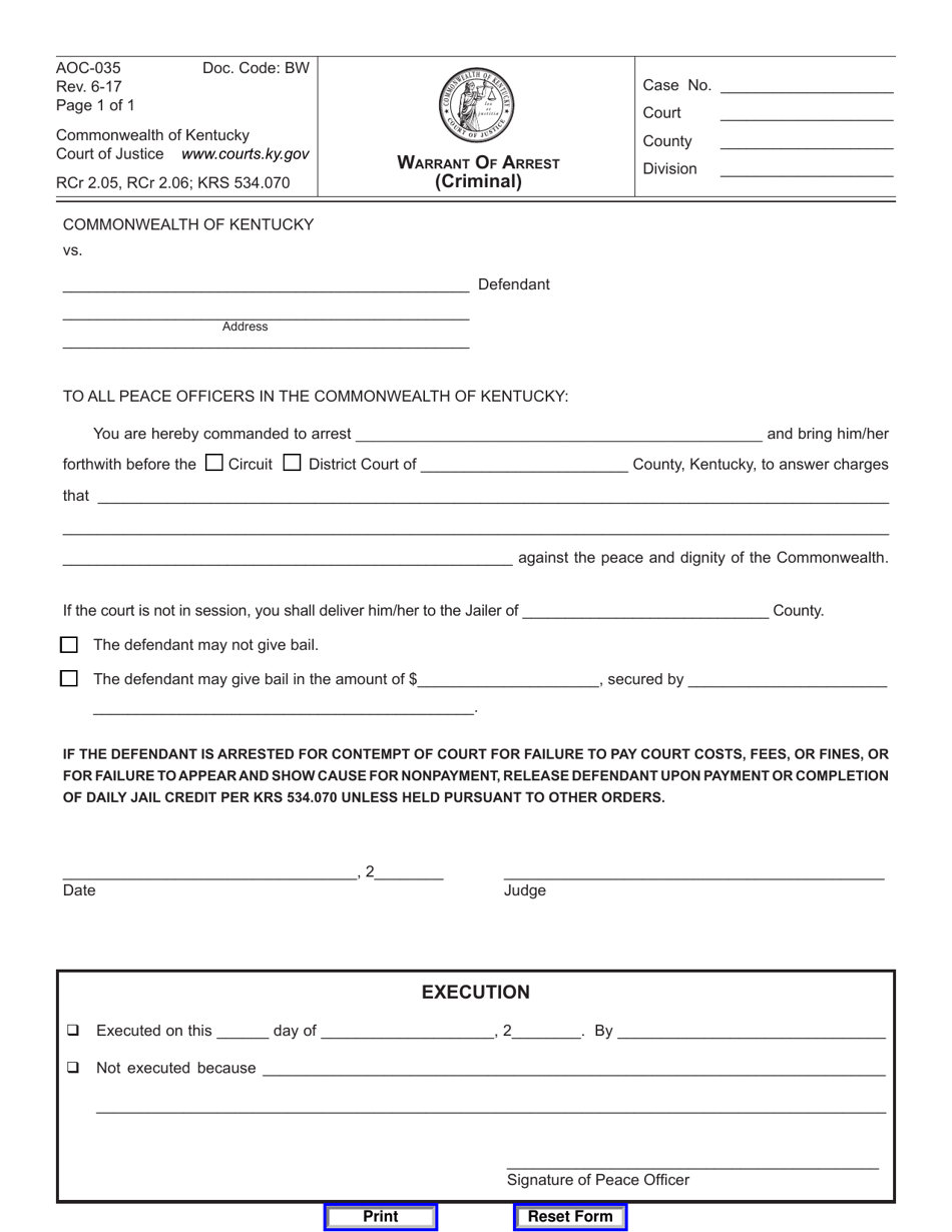 Form AOC-035 Warrant of Arrest (Criminal) - Kentucky, Page 1