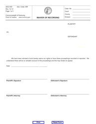 Document preview: Form AOC-040 Waiver of Recording - Kentucky