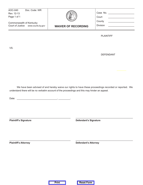 Form AOC-040 Waiver of Recording - Kentucky