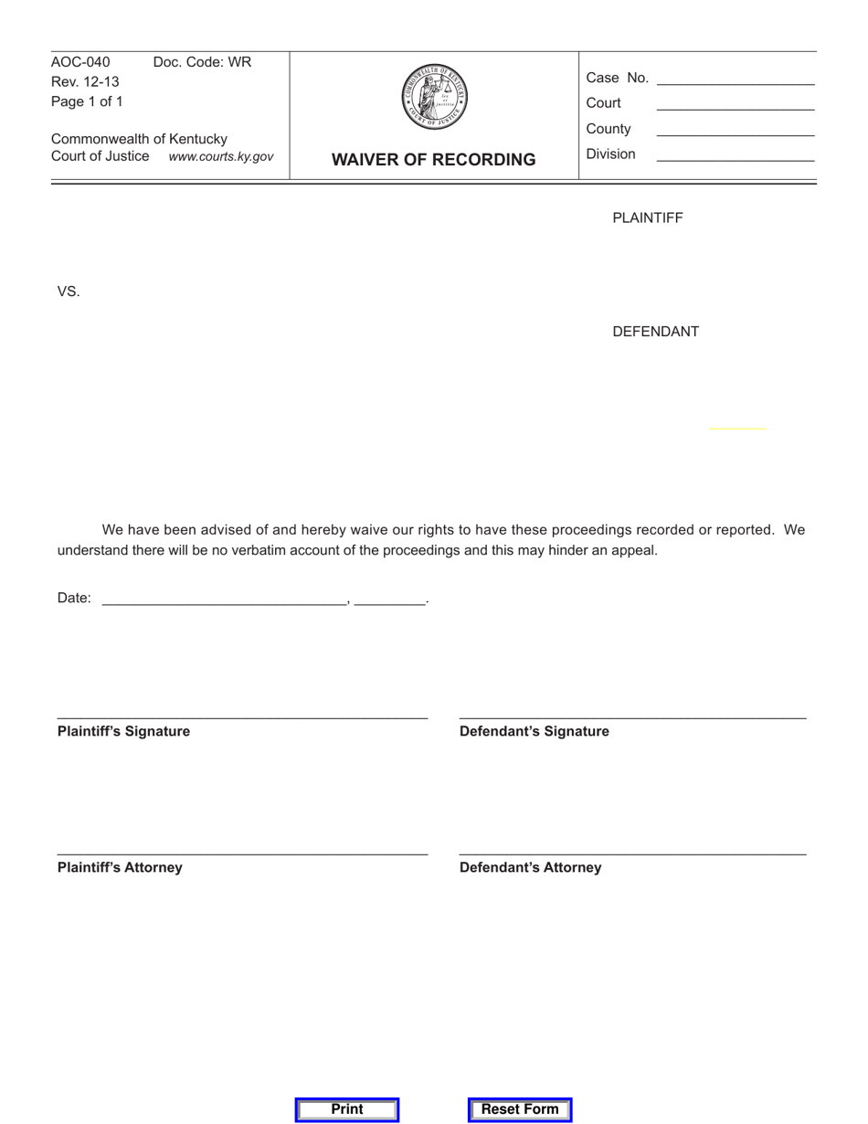 Form AOC-040 Waiver of Recording - Kentucky, Page 1
