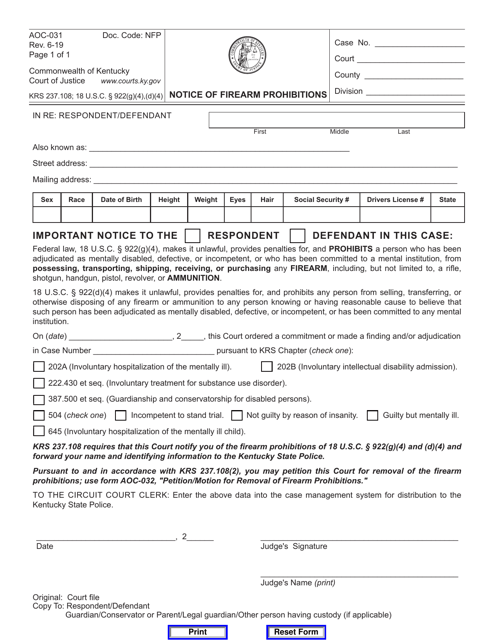 Form AOC-031 Notice of Firearm Prohibitions - Kentucky