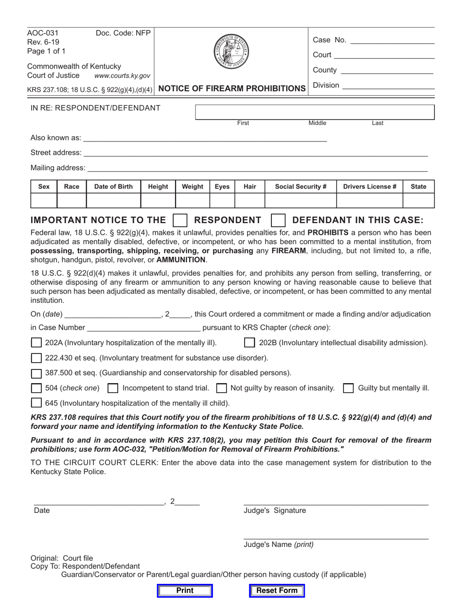 Form AOC-031 Notice of Firearm Prohibitions - Kentucky, Page 1