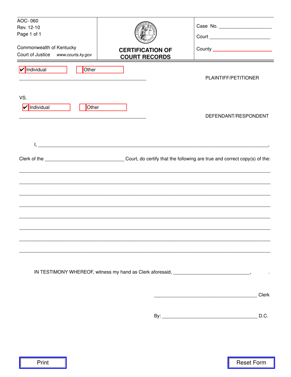 Form AOC-60 Certification of Court Records - Kentucky, Page 1