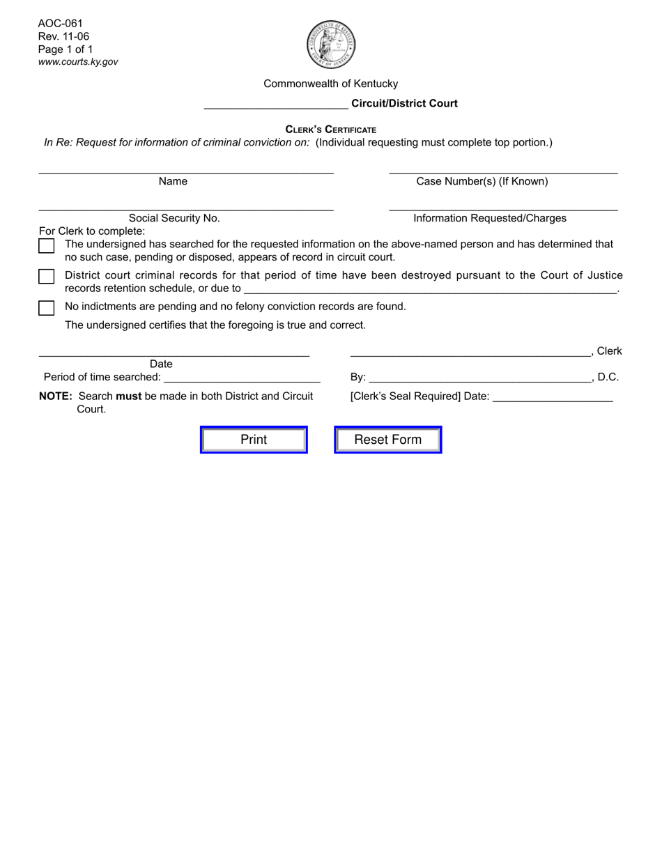 Form AOC-061 Clerks Certificate - Kentucky, Page 1