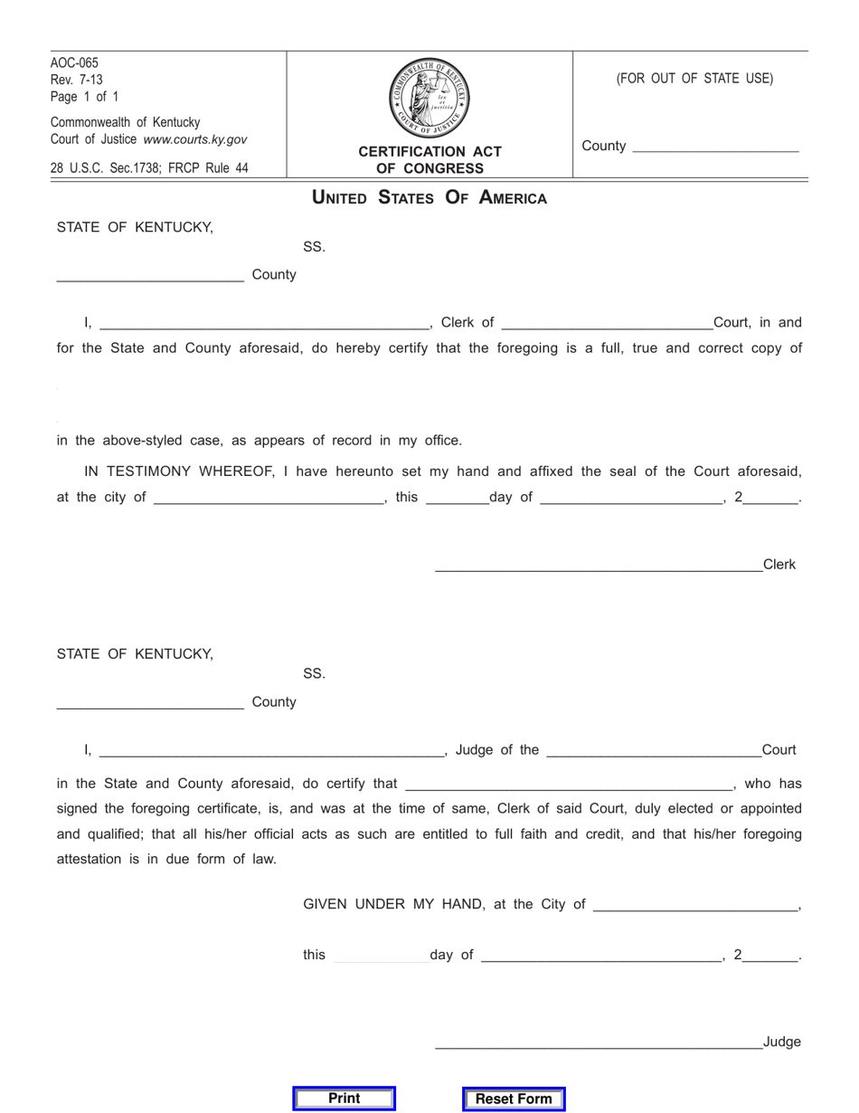 Form AOC-065 Certification Act of Congress - Kentucky, Page 1