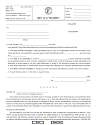 Document preview: Form AOC-106 Writ of Attachment - Kentucky