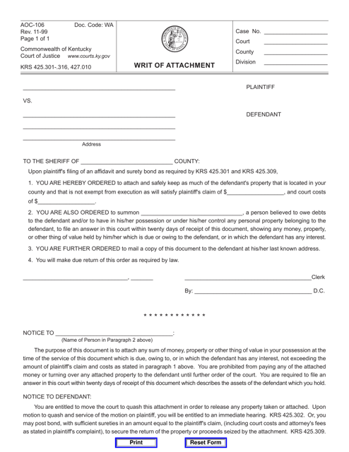 Form AOC-106 Writ of Attachment - Kentucky