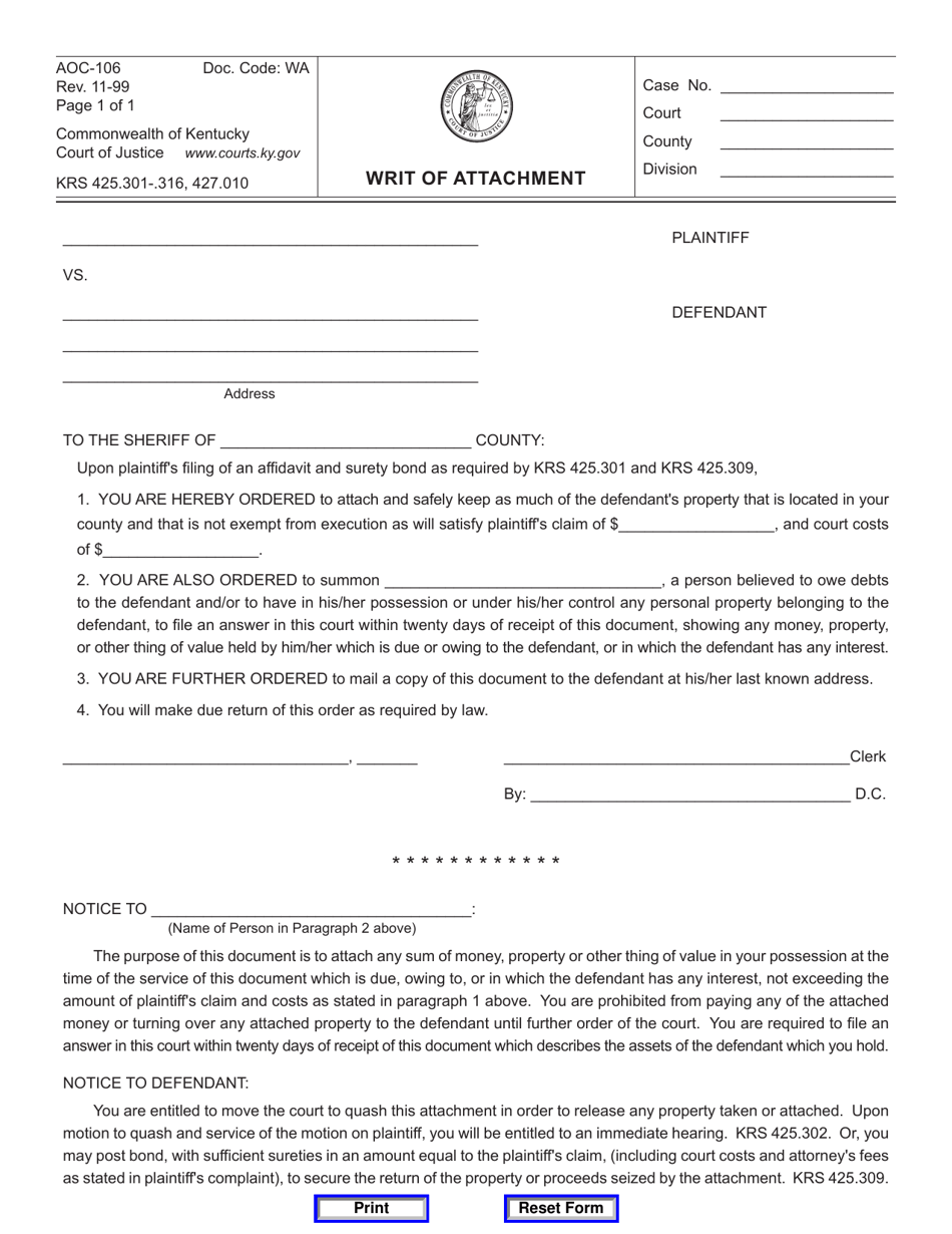 Form AOC-106 Writ of Attachment - Kentucky, Page 1