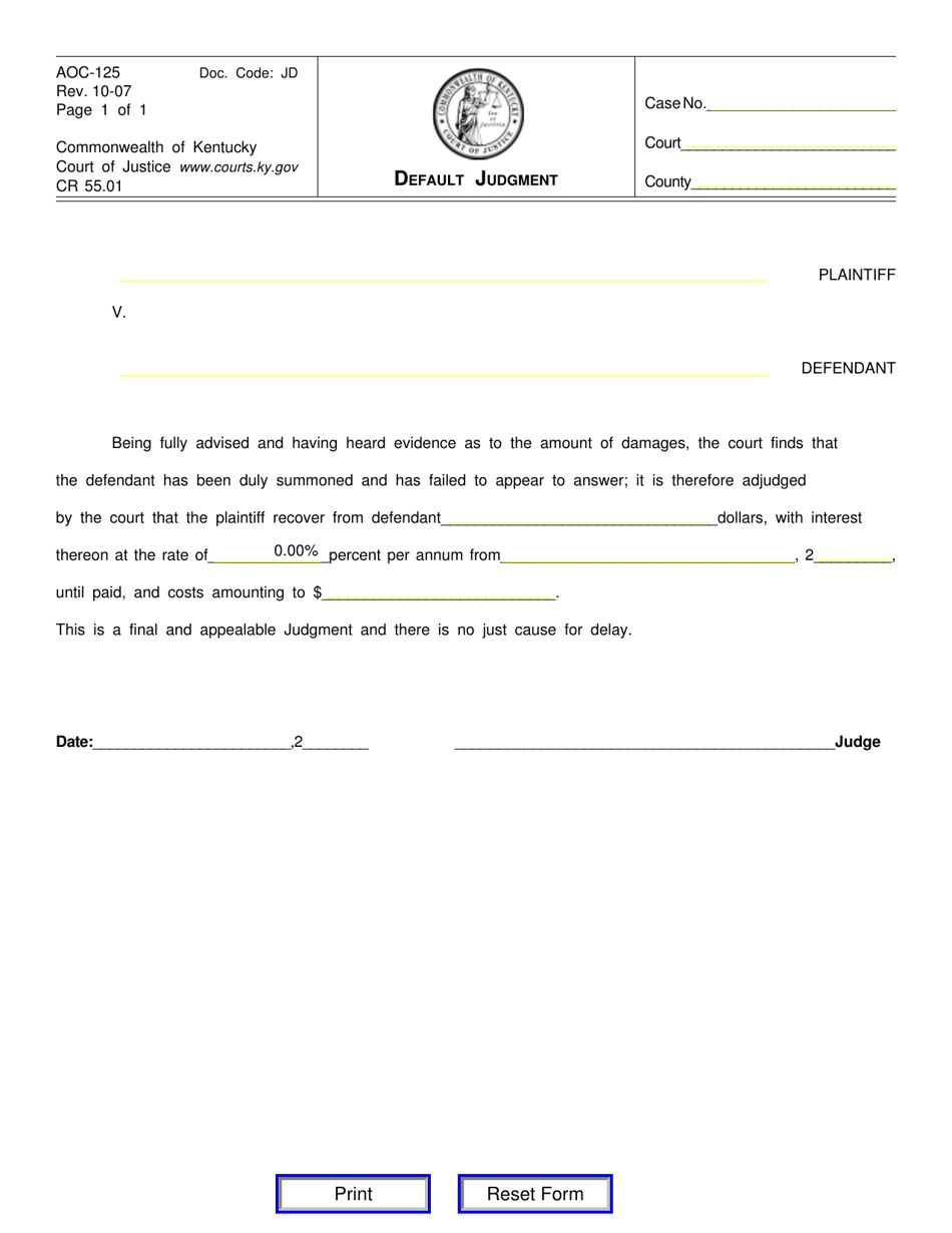 Form AOC-125 Default Judgment - Kentucky, Page 1