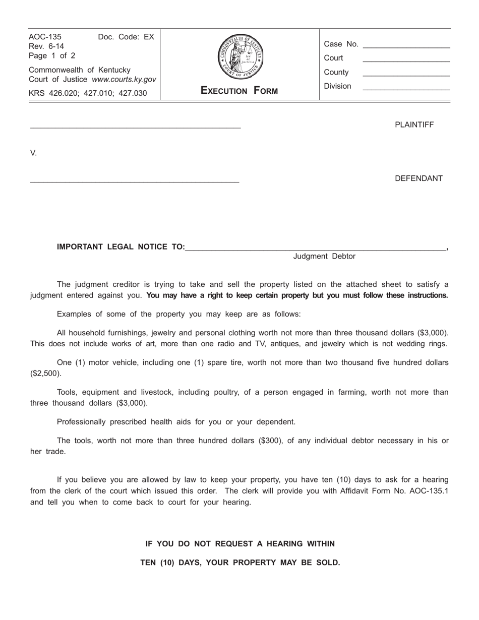Form AOC-135 Execution Form - Kentucky, Page 1