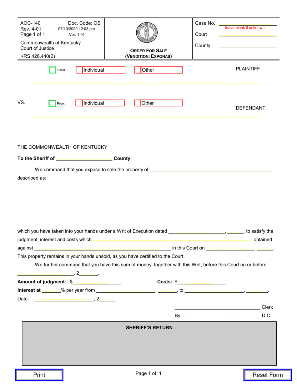 Form AOC-140 Order for Sale (Venditioni Exponas) - Kentucky, Page 1
