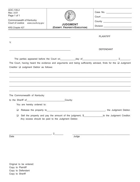 Form AOC-135.2 Judgment (Exempt Property/Execution) - Kentucky