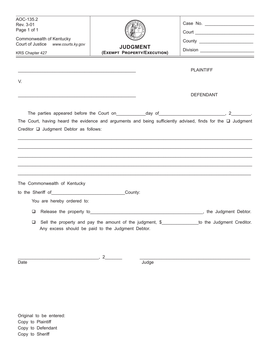 Form AOC-135.2 Judgment (Exempt Property / Execution) - Kentucky, Page 1