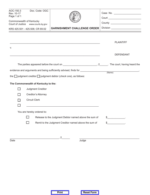 Form AOC-150.3 Garnishment Challenge Order - Kentucky