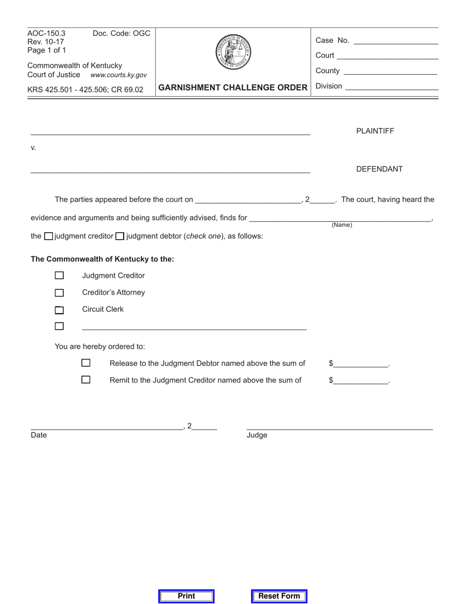 Form AOC-150.3 Garnishment Challenge Order - Kentucky, Page 1