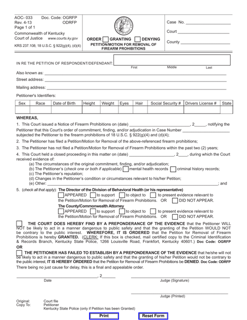 Form AOC-033 Order Granting/Denying Petition/Motion for Removal of Firearm Prohibitions - Kentucky