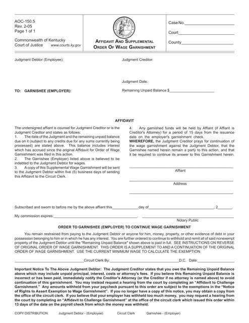 Form AOC-150.5 Affidavit and Supplemental Order of Wage Garnishment - Kentucky