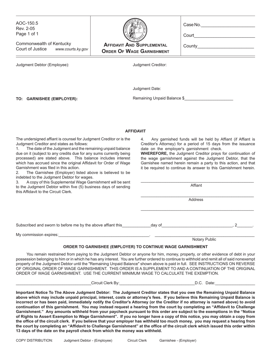 Form AOC-150.5 Affidavit and Supplemental Order of Wage Garnishment - Kentucky, Page 1