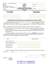 Document preview: Form AOC-166 Confirmation of Registration of Foreign Child Custody Order (Uccjea) - Kentucky