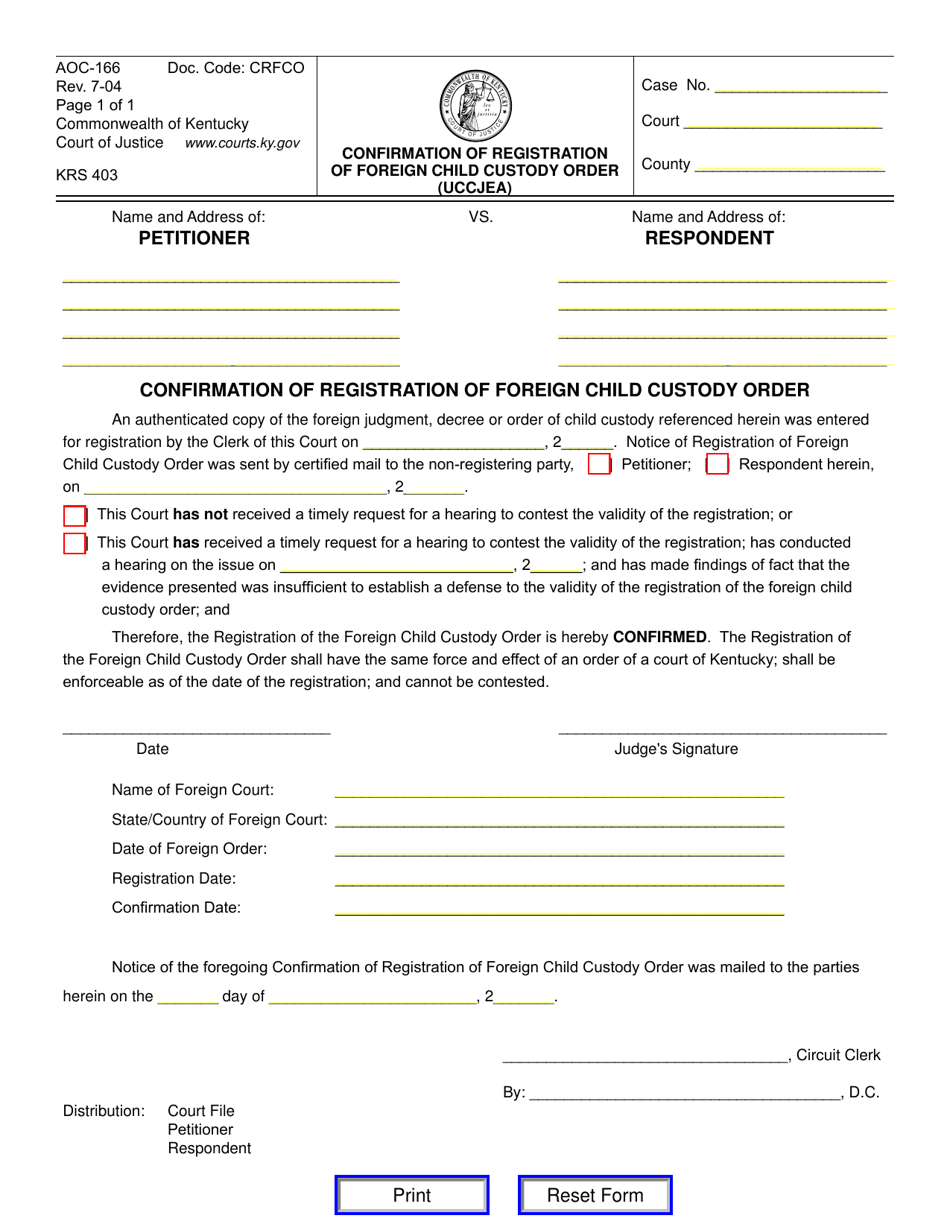 Form AOC-166 Confirmation of Registration of Foreign Child Custody Order (Uccjea) - Kentucky, Page 1