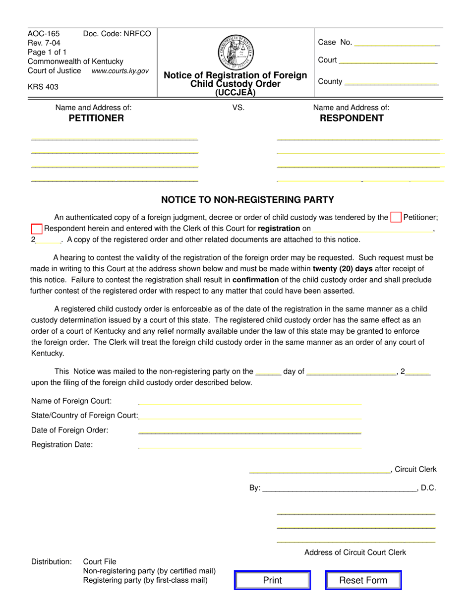 Form AOC-165 Notice of Registration of Foreign Child Custody Order (Uccjea) - Kentucky, Page 1