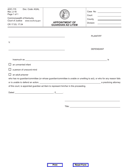 Form AOC-115 Appointment of Guardian Ad Litem - Kentucky