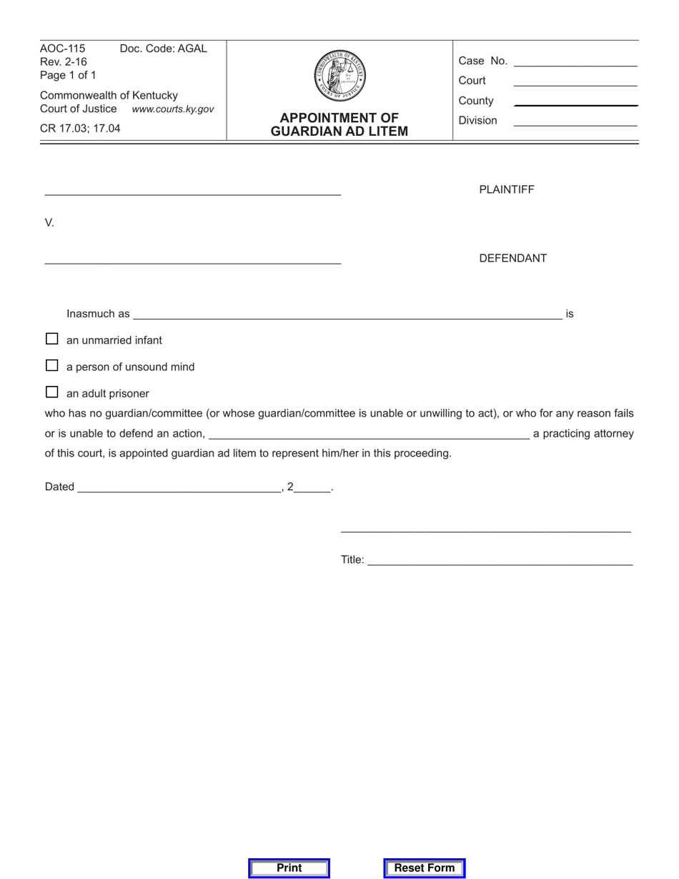 Form AOC-115 Appointment of Guardian Ad Litem - Kentucky, Page 1