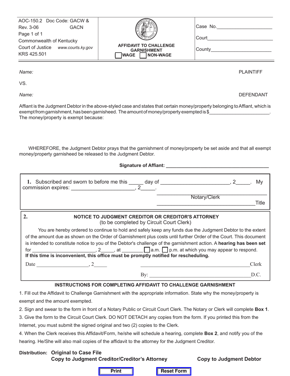Form AOC150.2 Download Fillable PDF or Fill Online Affidavit to