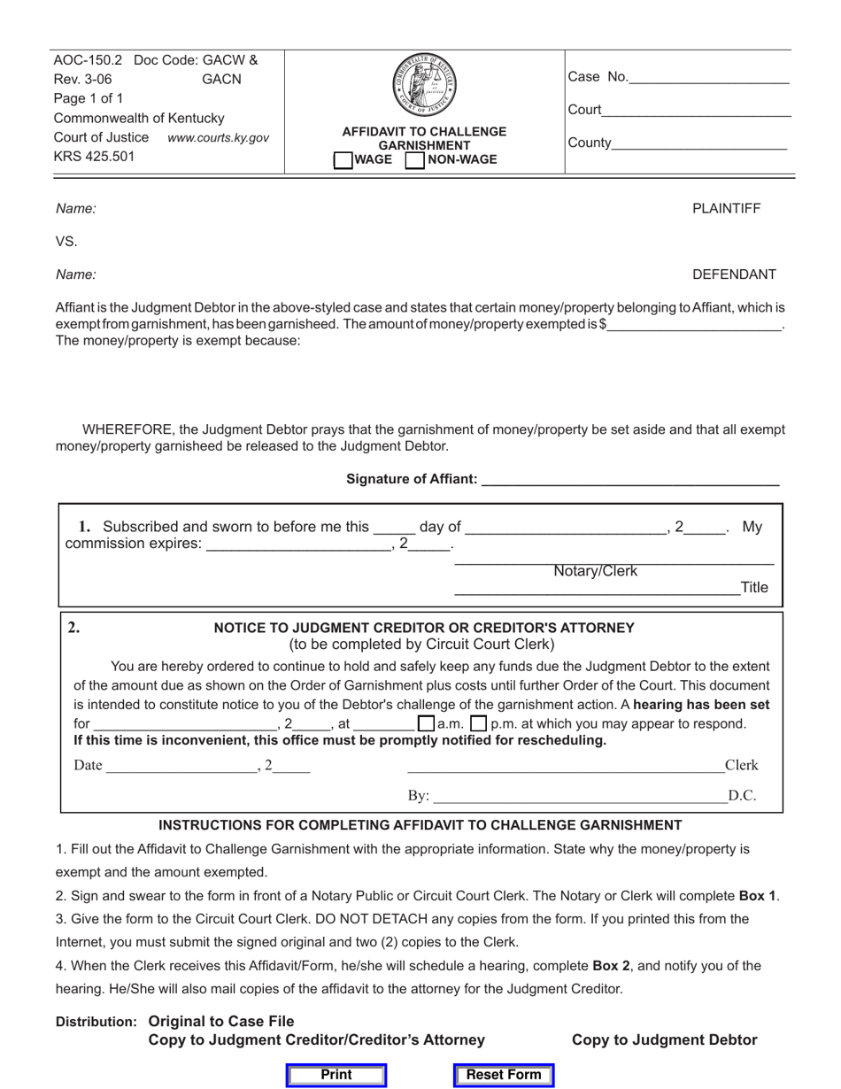Form AOC-150.2 Affidavit to Challenge Garnishment - Wage/Non-wage - Kentucky, Page 1