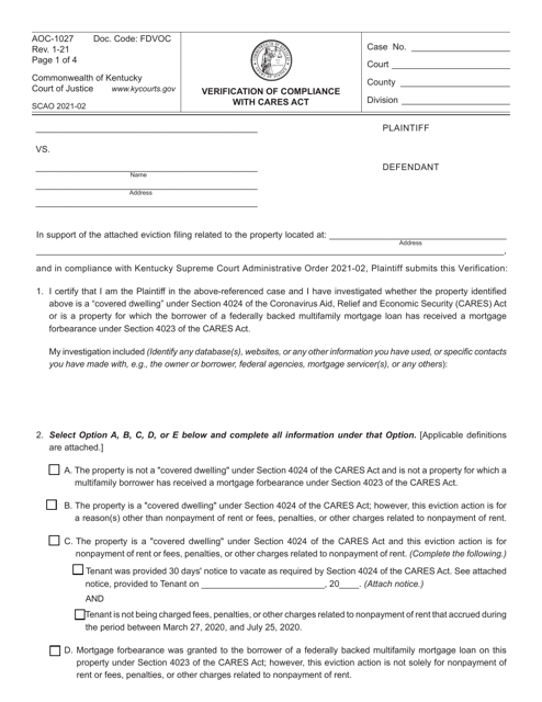 Form AOC-1027 Verification of Compliance With Cares Act - Kentucky