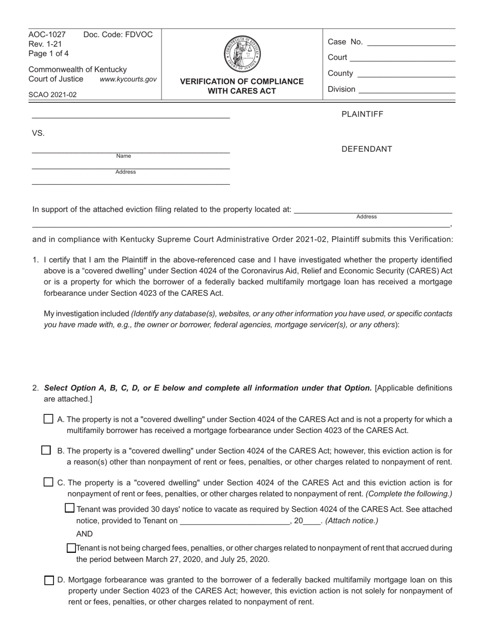 Form AOC-1027 Verification of Compliance With Cares Act - Kentucky, Page 1