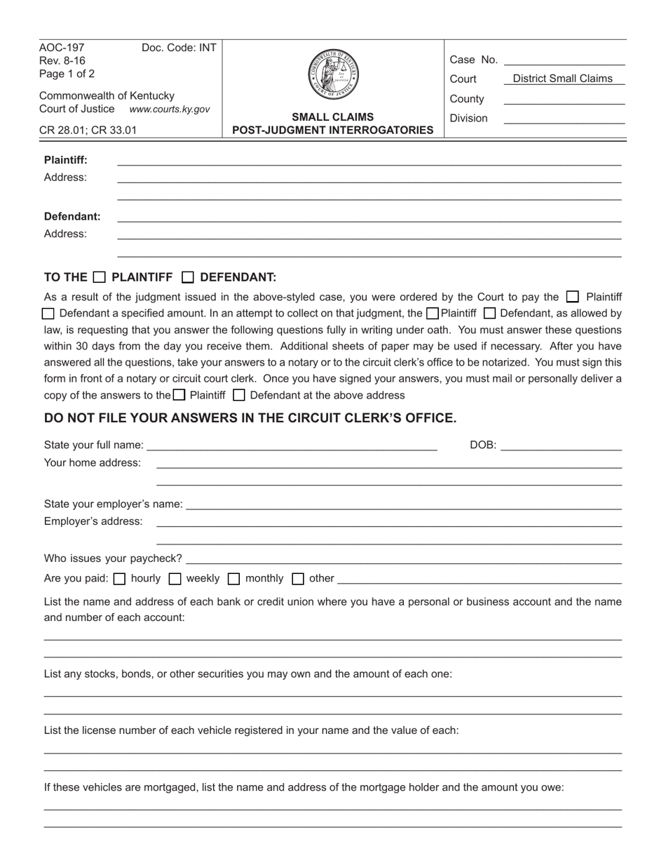 Form AOC-197 Small Claims Post-judgment Interrogatories - Kentucky, Page 1