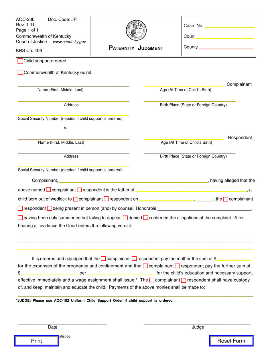 Form AOC-200 Paternity Judgment - Kentucky, Page 1