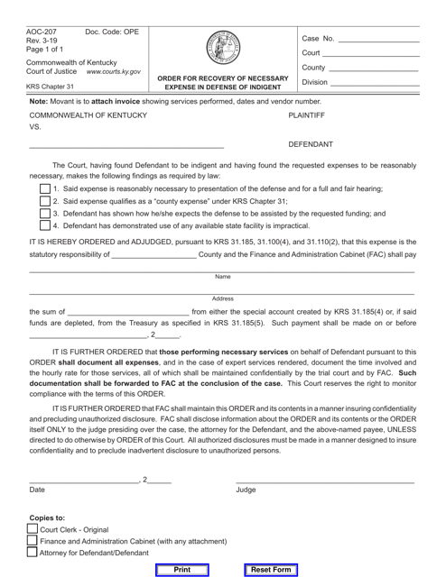 Form AOC-207 Order for Recovery of Necessary Expense in Defense of Indigent - Kentucky