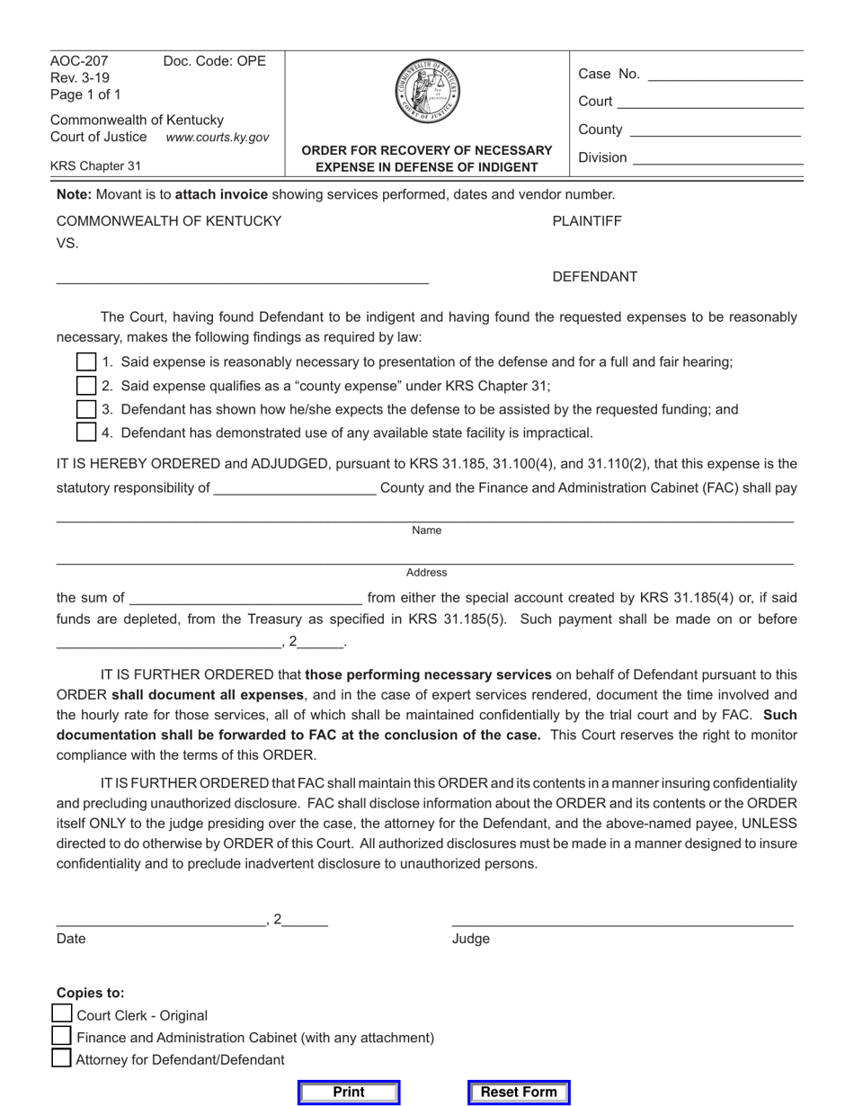 Form AOC-207 Order for Recovery of Necessary Expense in Defense of Indigent - Kentucky, Page 1