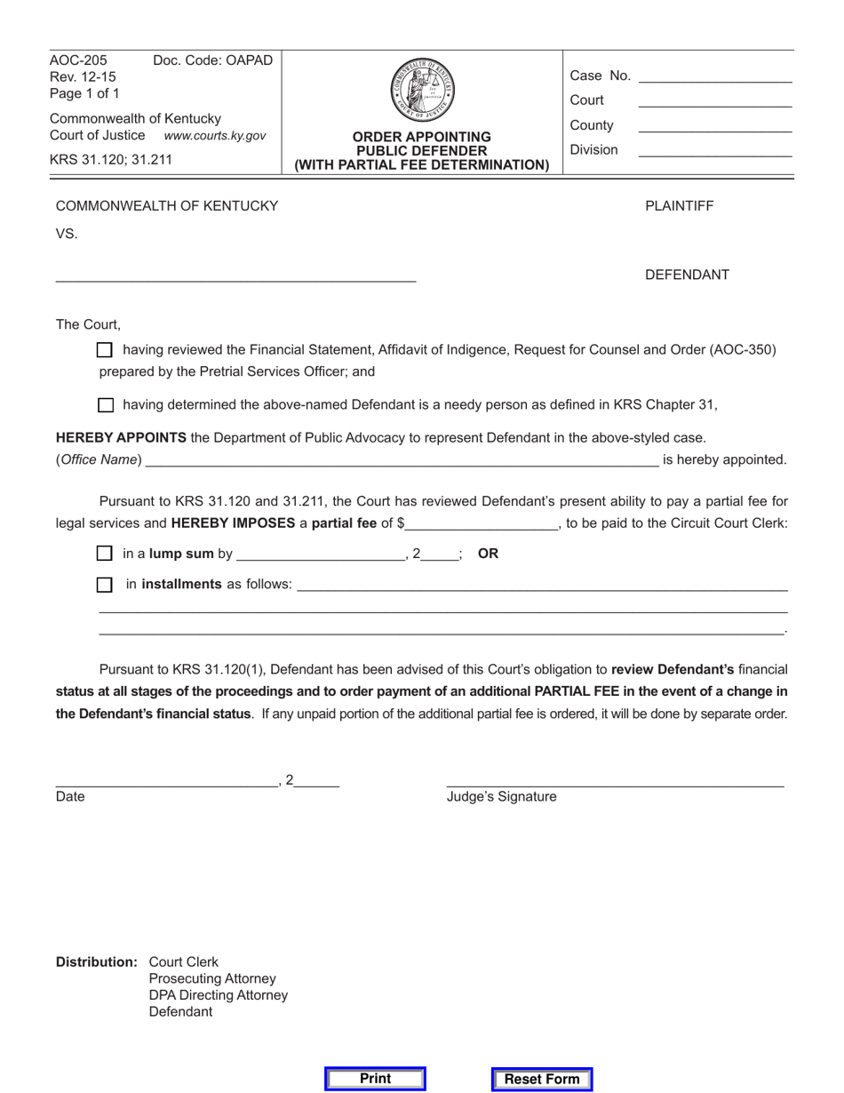 Form AOC-205 Order Appointing Public Defender (With Partial Fee Determination) - Kentucky, Page 1