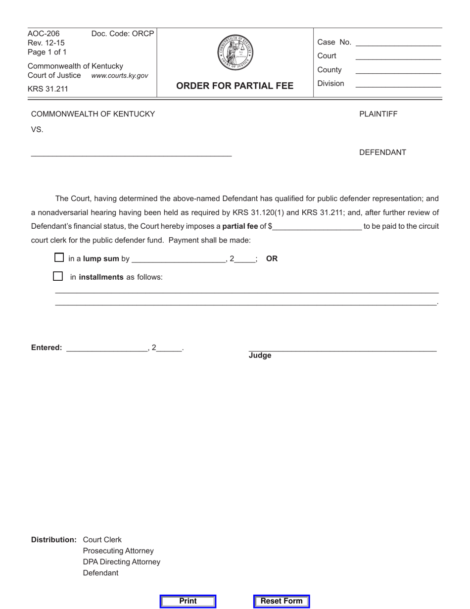 Form AOC-206 Order for Partial Fee - Kentucky, Page 1