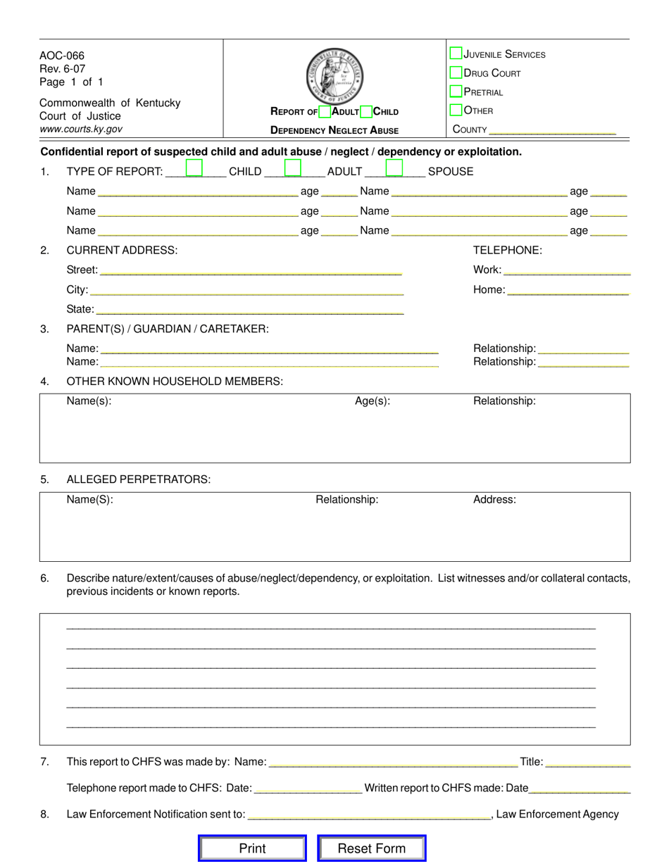 Form AOC-066 Report of Adult / Child Dependency Neglect Abuse - Kentucky, Page 1